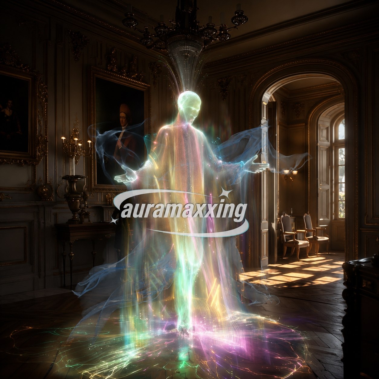 Radiant aura figure inside a dark palace